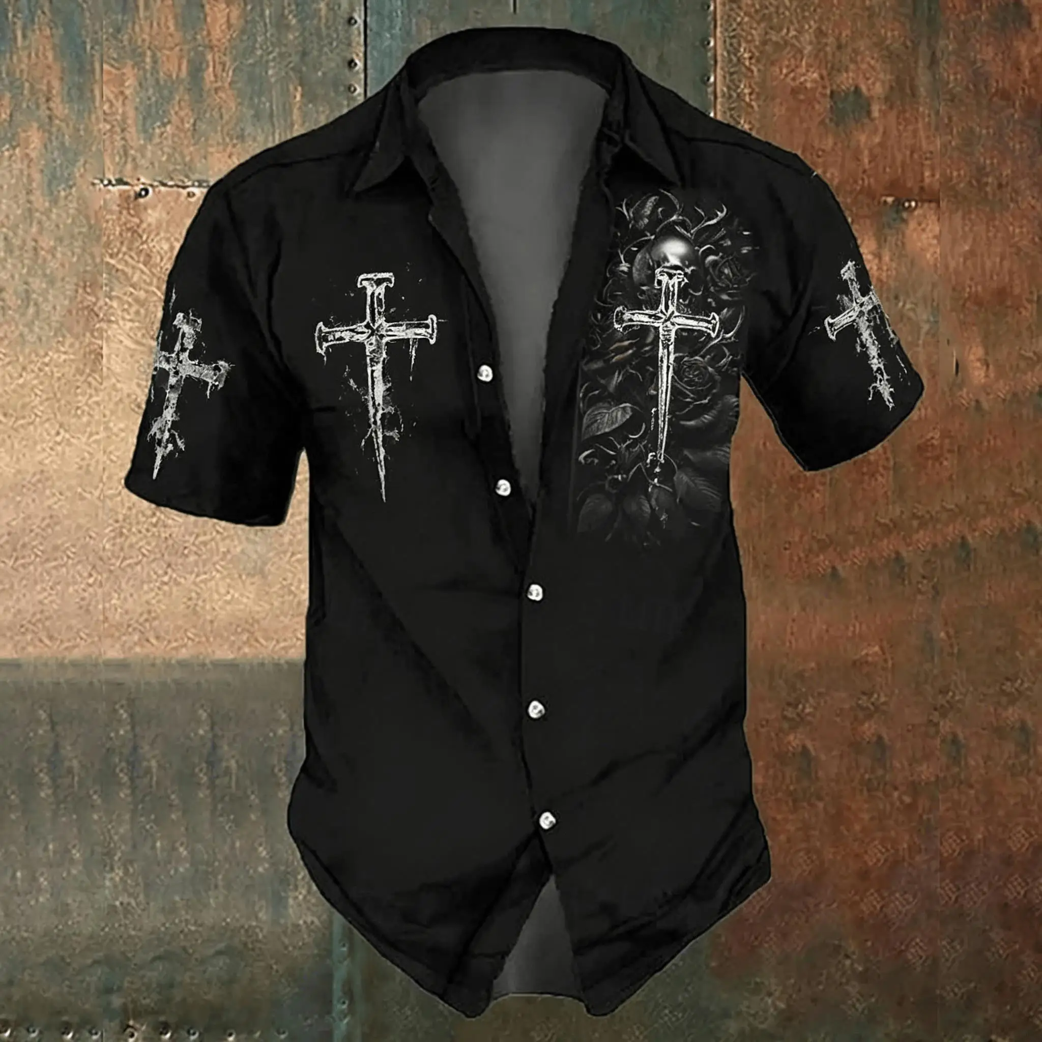 Men'S Gothic Formal Wear - Мужская черная повседневная рубашка с крестообразным